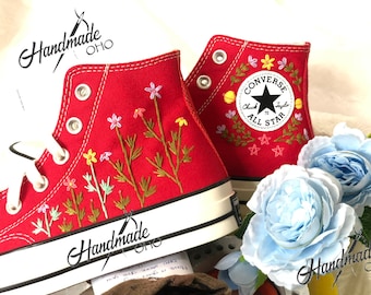 Custom converse sneakers/Converse Red Chuck Taylor 1970s Flower Embroidery/Embroidered flower converse/Personalized name and date