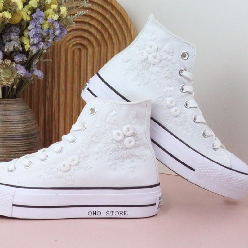 Custom Golden Multi Colour flower embroidery Bridal Sneaker platforms.