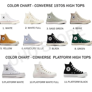 May include: Color chart showing different color options for Converse 1970s high tops and Converse platform high tops. The colors include white, white full, sage green, beige, yellow, armoury blue, black, green, platform white, platform white full, and platform black.