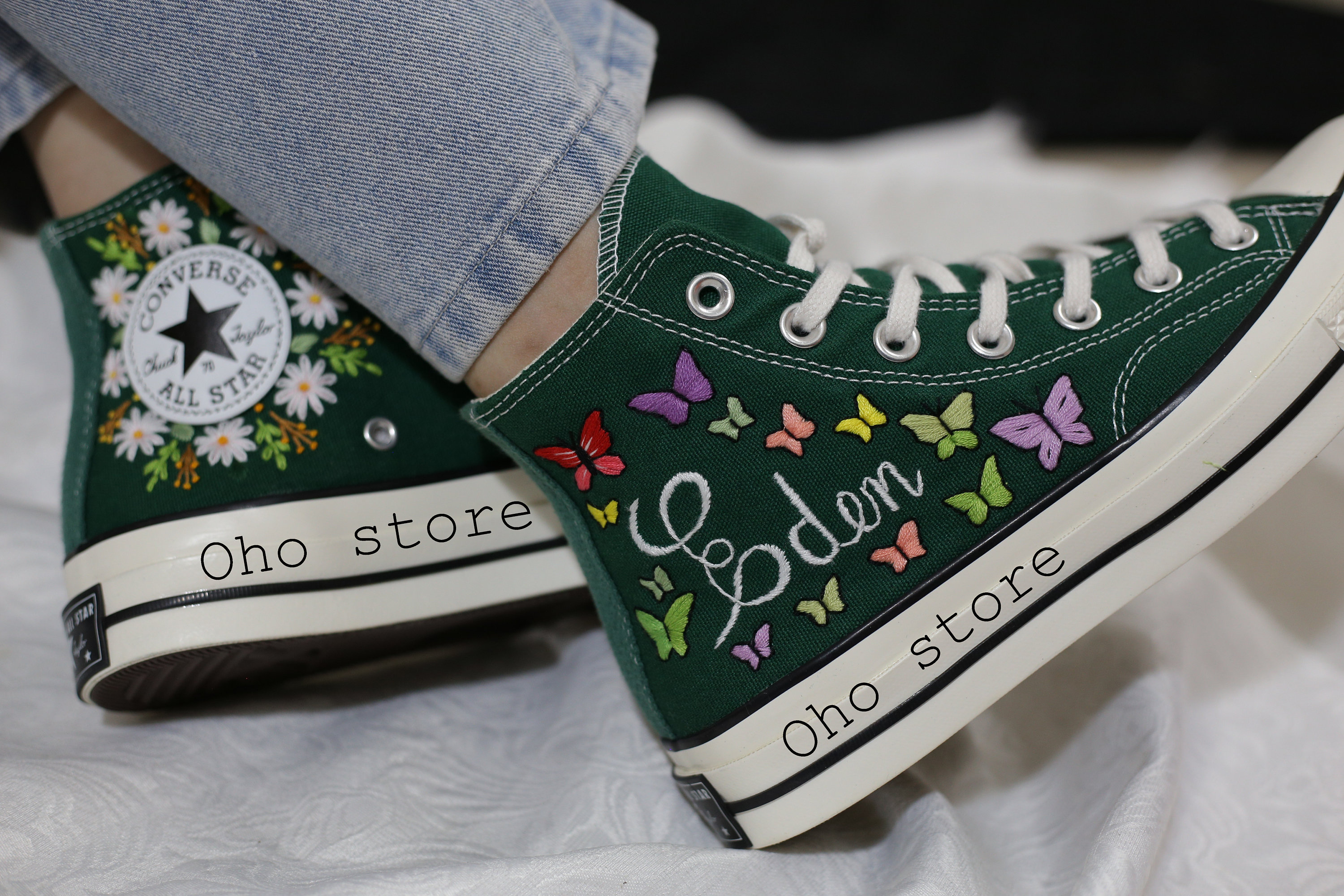 Custom Embroidery converse flower and Butterfly Embroidered shoes converse Green High tops Personalized Name and Birthday Date