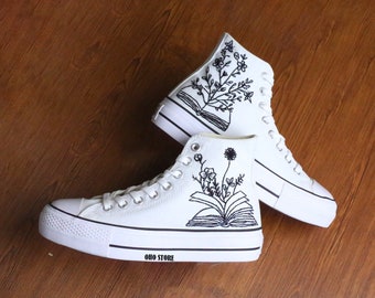 Custom Embroidered Converse Platform Sneakers, Floral Book Design
