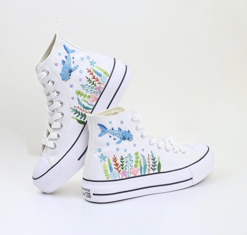 Whale Shark Embroidered Converse Custom, Whale Shark Embroidered Sneaker, Ocean Vibes Embroidered, Birthday Gift For Son, Unisex Shoes