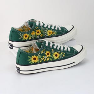 Sunflower Embroidered Sneakers, Green Low Top Shoes, Custom Converse Chuck Taylor 1970s, Personalized Hand Embroidered Sneakers, Unique Gift