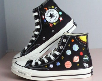 Embroidered Converse High Tops: Planets, Stars, Moons, Universe Design