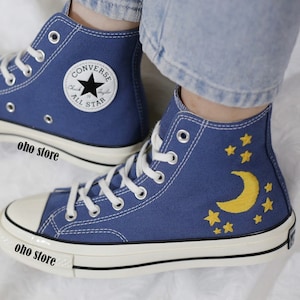 Custom Embroidered Converse: Star & Moon Navy High Tops