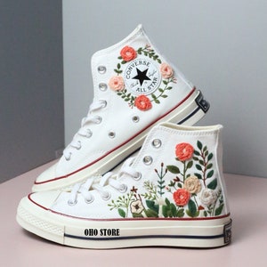 Custom Wedding Converse/ Converse High Tops Chuck Taylor 1970s/ Personalized Bride Sneakers/ Flower Embroidered Design/ Embroidery Shoes