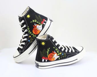 Custom Embroidered Converse Sneakers: Fox & Mushroom Shoes