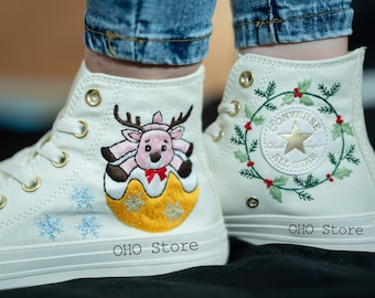 Custom Embroidered Converse Sneakers, Christmas Reindeer Shoes