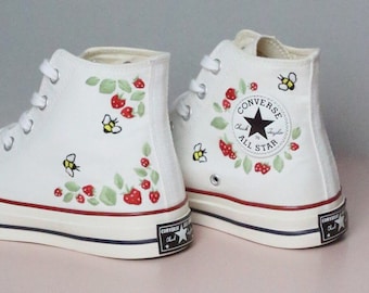 Custom Embroidered Converse High Tops: Strawberry & Bees Sneakers