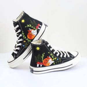Embroidered Converse, Custom Fox and Mushroom Sneakers, Converse High Tops Embroidered Fox, Fox Embroidered Children&#39;s Shoes, Kids Sneakers