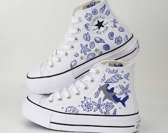 Embroidered Converse Sneakers: Hammerhead & Whale Shark, Ocean Theme