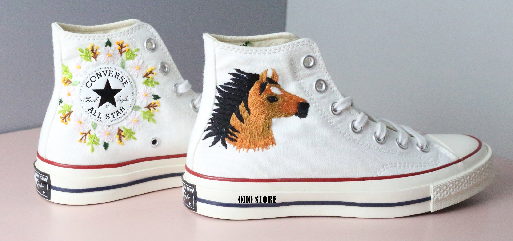 Horse & Flower Embroidered Converse High Tops: Custom Sneakers - Etsy