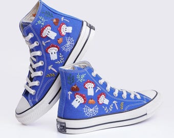Custom Embroidered Halloween Converse Sneakers: Spider Web Mushroom Shoes
