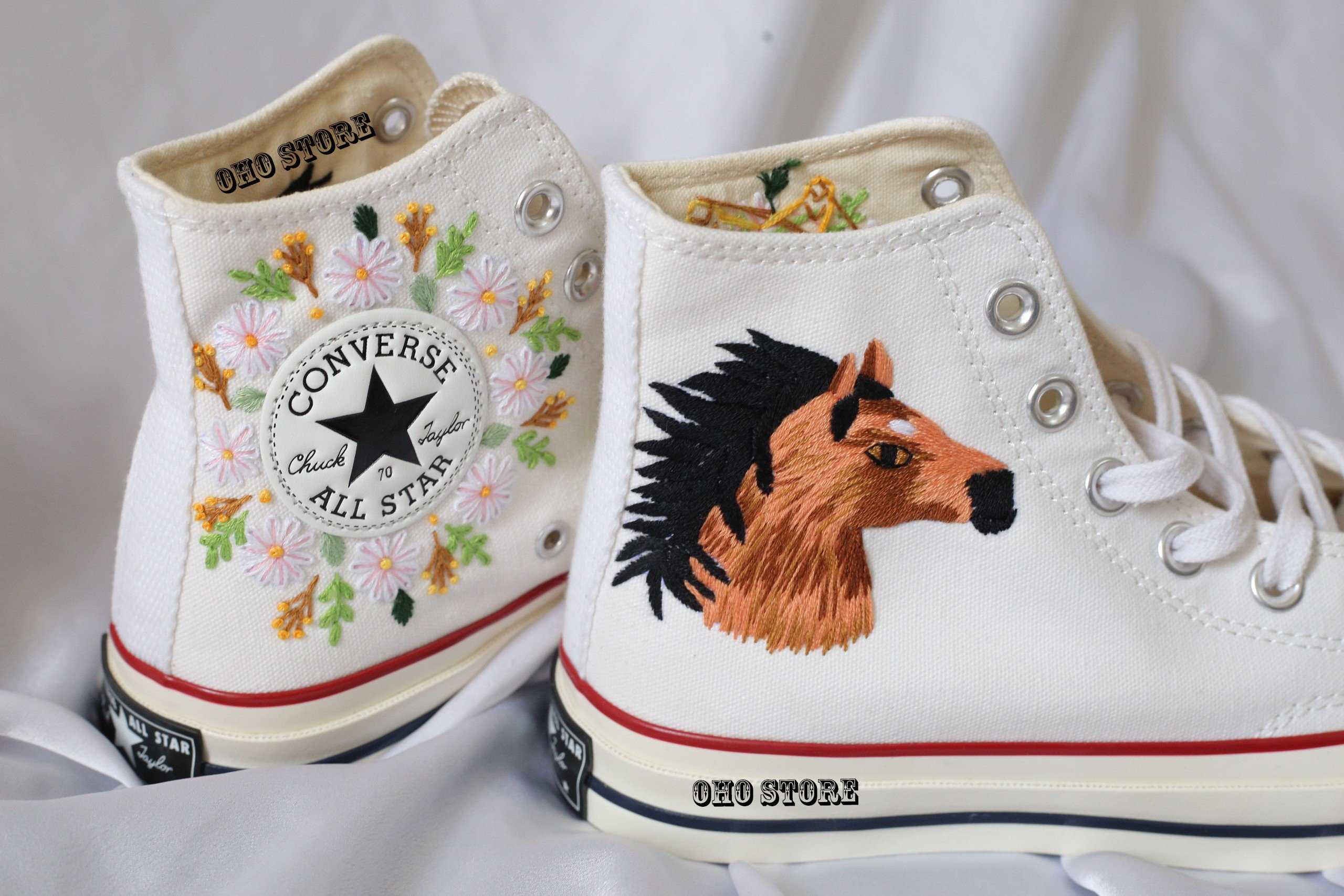 Horse & Flower Embroidered Converse High Tops: Custom Sneakers - Etsy