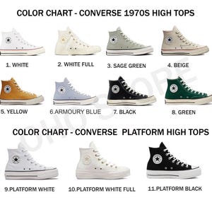 May include: Color chart showing different color options for Converse 1970s high tops and Converse platform high tops. The colors include white, white full, sage green, beige, yellow, armoury blue, black, green, platform white, platform white full, and platform black.