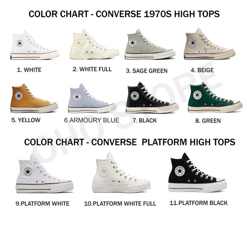 May include: Color chart showing different color options for Converse 1970s high tops and Converse platform high tops. The colors include white, white full, sage green, beige, yellow, armoury blue, black, green, platform white, platform white full, and platform black.