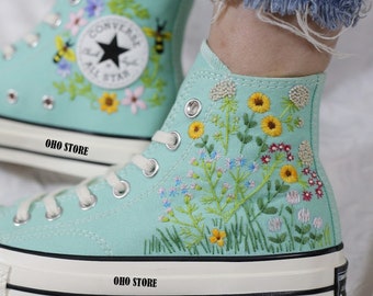 Embroidered Converse Custom Wedding Flower/ Custom Embroidered Converse High Tops Chuck Taylor 1970s/ Embroidered Converse Sunflower Garden