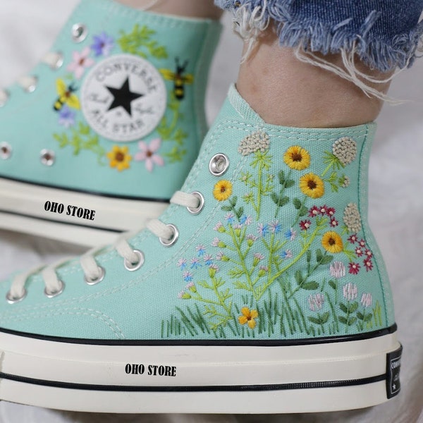 Embroidered Converse Custom Wedding Flower/ Custom Embroidered Converse High Tops Chuck Taylor 1970s/ Embroidered Converse Sunflower Garden