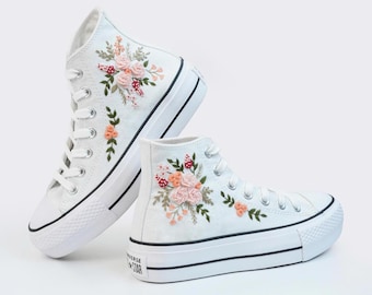 Custom Wedding Platform Converse, Bridesmaid Shoes, Sneakers Embroidered Wedding Bouquet, Wedding Shoes For Bridal, Personalized Name, Date