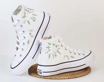 Custom Wedding Converse Platform Sneakers: Hand-Embroidered Floral Bridal Shoes