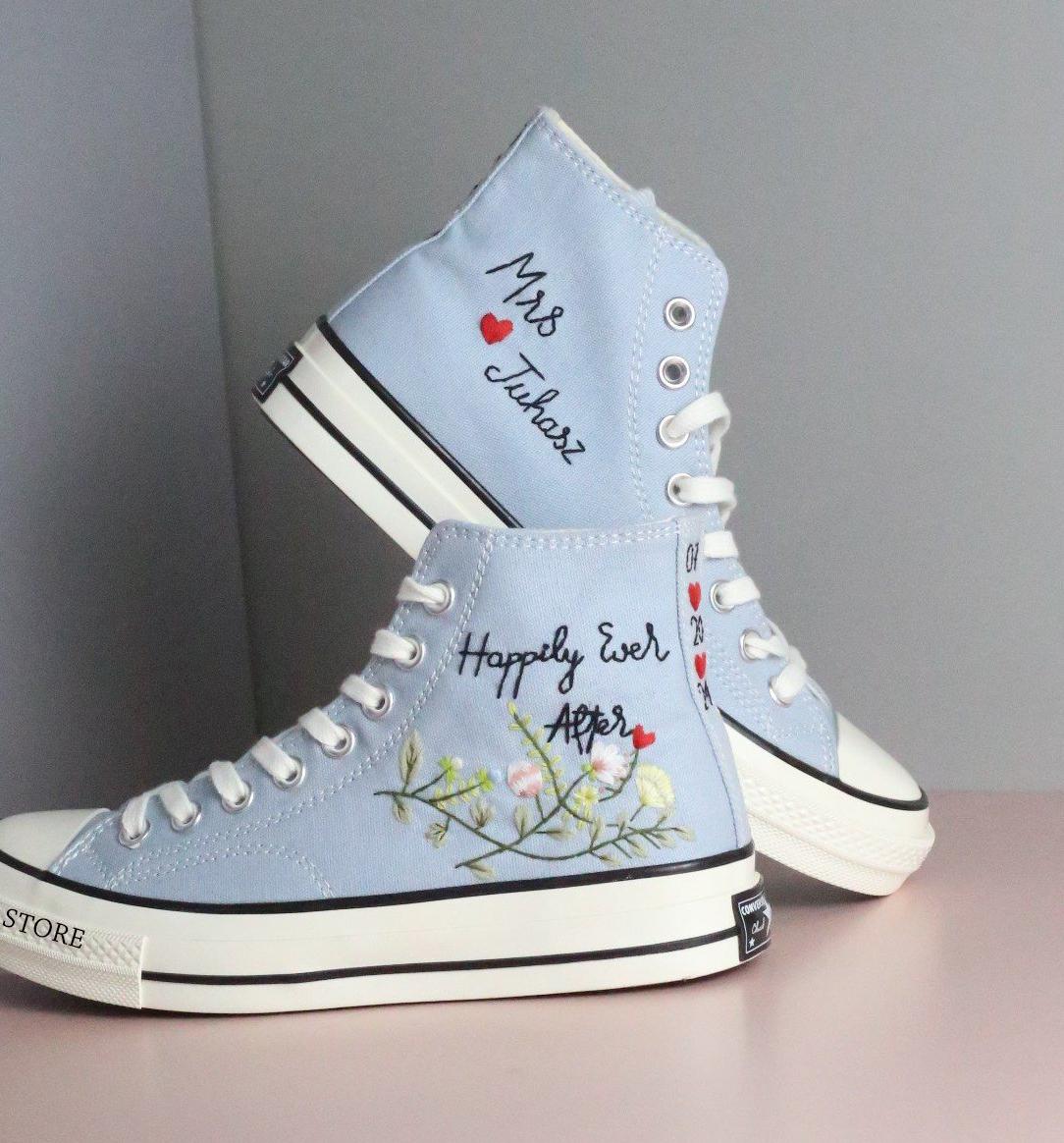Custom embroidered converse/ Wedding flower embroidered converse shoes/Bridal flower embroidered sneakers/Personalized name and wedding date