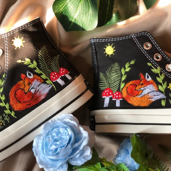 Embroidery converse/Custom embroidered mushroom and fox sneakers/Converse high tops embroidered fox/Mushroom embroidered shoes
