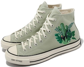 Embroidery converse sage\Custom  cat and garden embroidered shoes\Custom converse high tops embroidered cat\shoes for the family