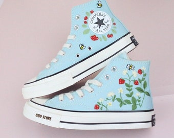 Custom Embroidered Converse High Tops: Strawberry & Bees