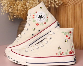 Custom Embroidered Converse Shoes: Strawberry & Bee Design