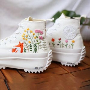 Fox Embroidered Converse , Mushroom And Flower Garden/ Custom Converse Run Star Hike Twisted Foundational Embroidered Shoes