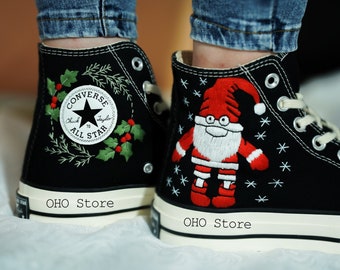 Chaussures Converse brodées de Noël personnalisées, père Noël et renne