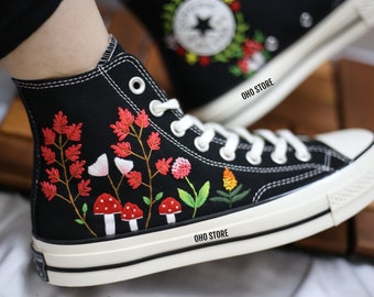 Custom embroidery converse sneakers/ Mushroom,flower  embroidered shoes/Custom converse high tops embroidered /Mushroom embroidered sneakers