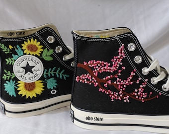 Embroidery converse/Custom Embroidered sunflowers and cherry blossoms shoes/Custom converse high tops embroidered logo/gift birthday shoes