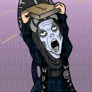 May include: Illustration of a character in a black robe and hat, holding a book with a cross on it. The character has pale skin and an open mouth, with a purple background and gold rays.