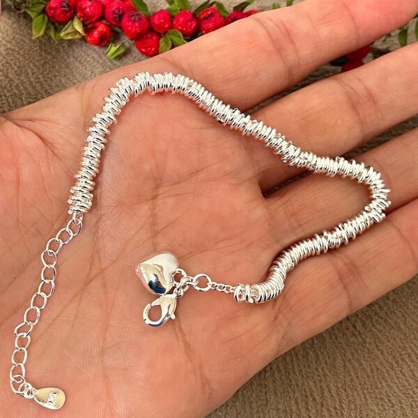 Bracelet chaîne délicat pour femme, petit bracelet coeur, jonc réglable en argent, cadeau pour elle, cadeau de Noël