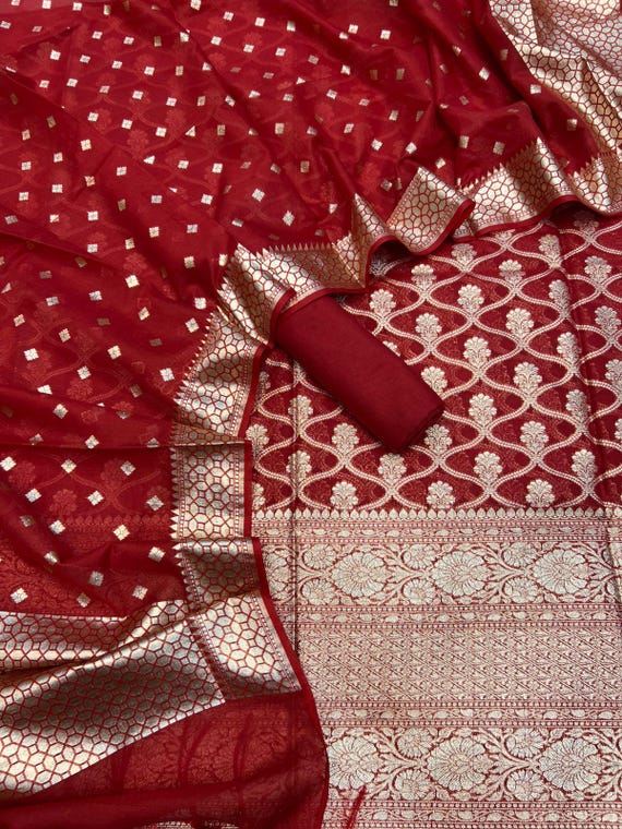 white christmas dresses Banarasi Cotton Dress Material – RKG SHOPPING main image 0