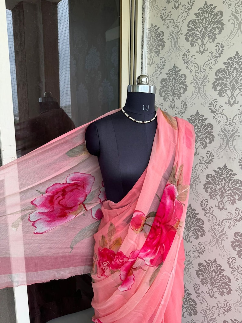 Pure Diamond Chiffon Floral Design Saree Chiffon Pink Saree Light ...