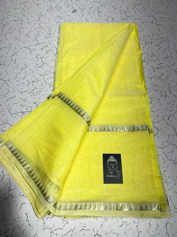 Handloom Mangalgiri Cotton Silk Saree: Silver Zari Temple Border