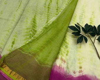 Sari de algodón puro con estampado a mano Kota Doria y blusa / Sari Bagru / Sari de algodón / Sari indio
