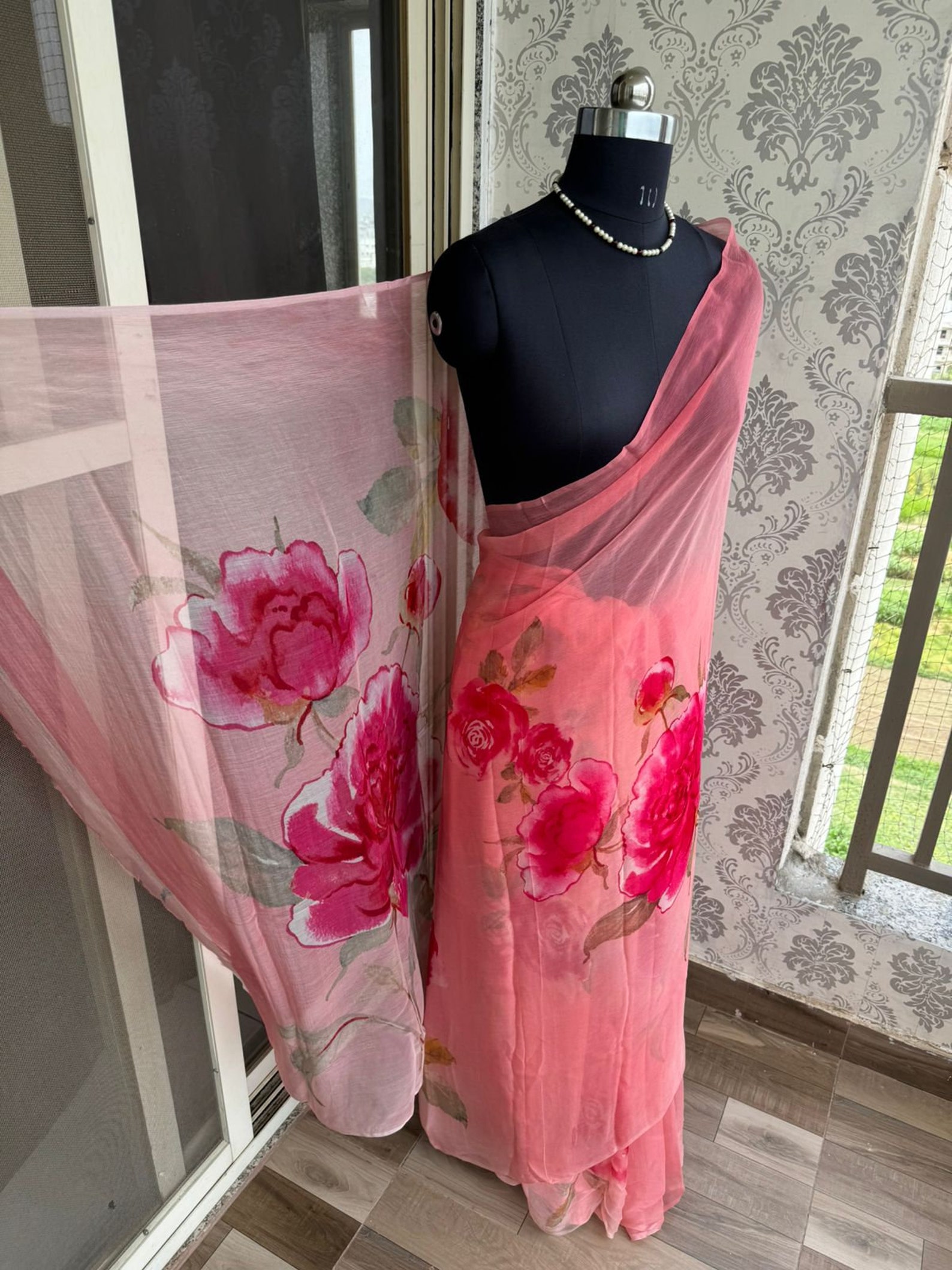 Pure Diamond Chiffon Floral Design Saree Chiffon Pink Saree Light ...
