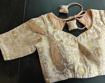 Blusa sari de seda Banarasi lista para usar / Choli cosido por diseñador / Blusa acolchada para legenga