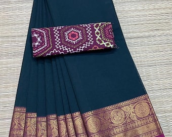 Saree bawełniane Chettinad z obramowaniem zari | bluzka z dodatkowym kalamkati | Saree indyjskie | Saree bawełniane