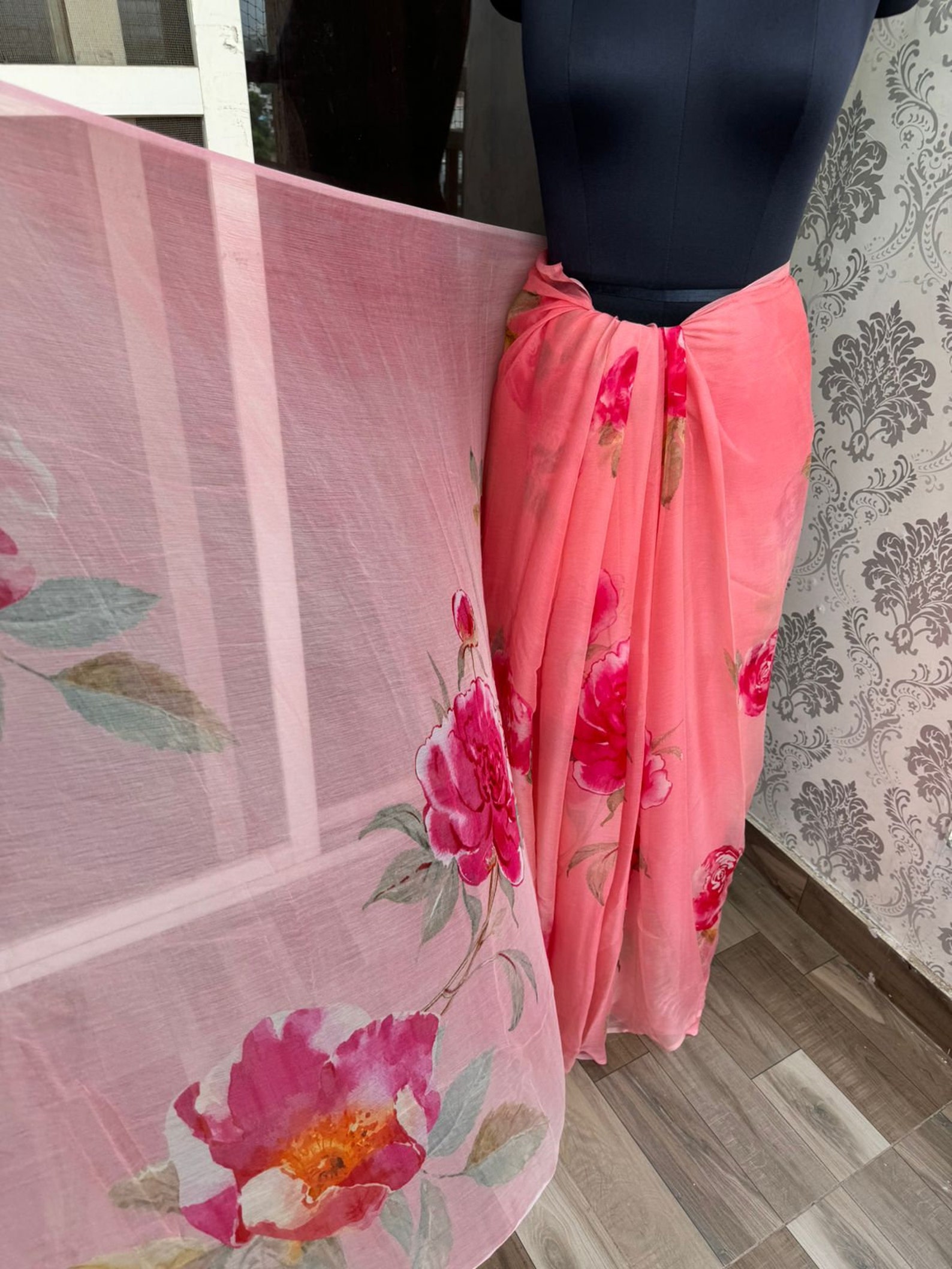 Pure Diamond Chiffon Floral Design Saree Chiffon Pink Saree Light ...