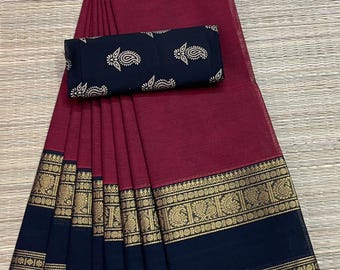 Chettinad Cotton saree with zari border | extra kalamkari blouse | Indian saree | Cotton saree