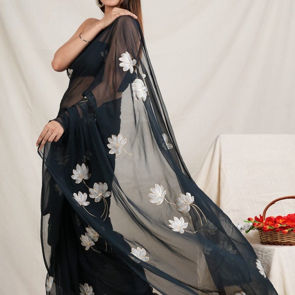 Pure chiffon hand painted floral saree | chiffon saree | Light weight saree | Black saree