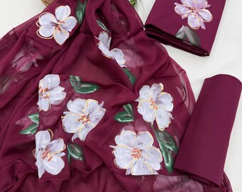 Hand-painted Chiffon Dupatta Suit: Indian Dress Material - Etsy
