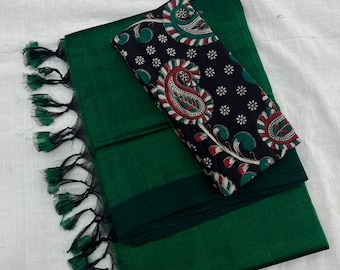 Mangalgiri Pattu Silk Saree with Kalamkari Blouse: Handloom Sari