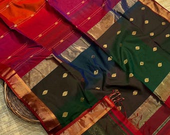 Handgewebter Maheshwari-Seidensari | Handgefertigter Sari | Seidensari
