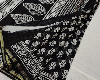 Katoenen sari-zijde van Chanderi | zwart-witte sari | Chanderi-sari | Indiase sari
