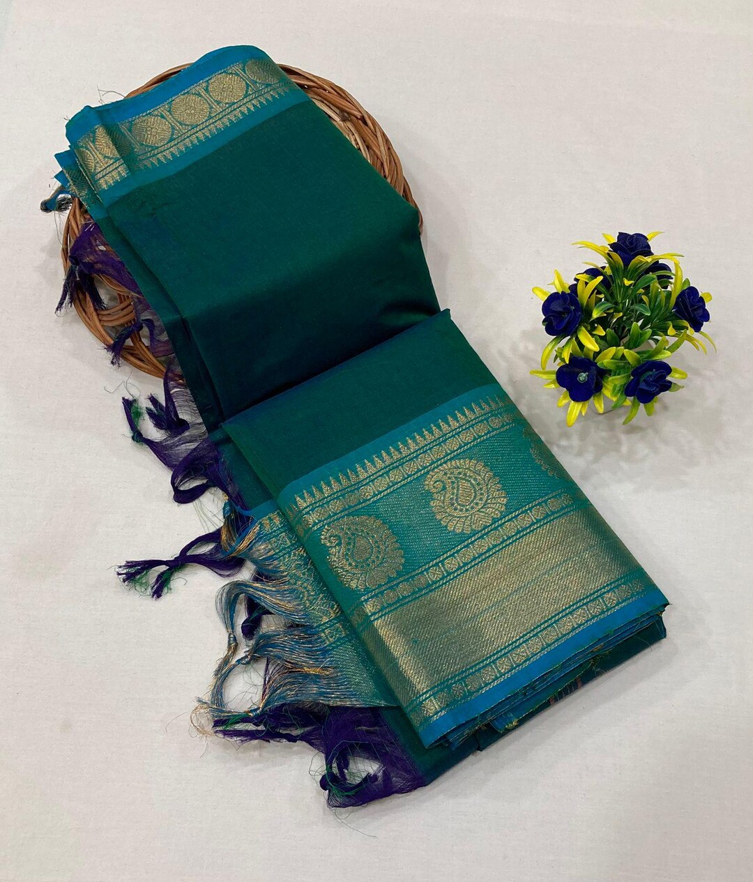Chettinad Cotton Saree - Green and Violet with Zari Border main image 0